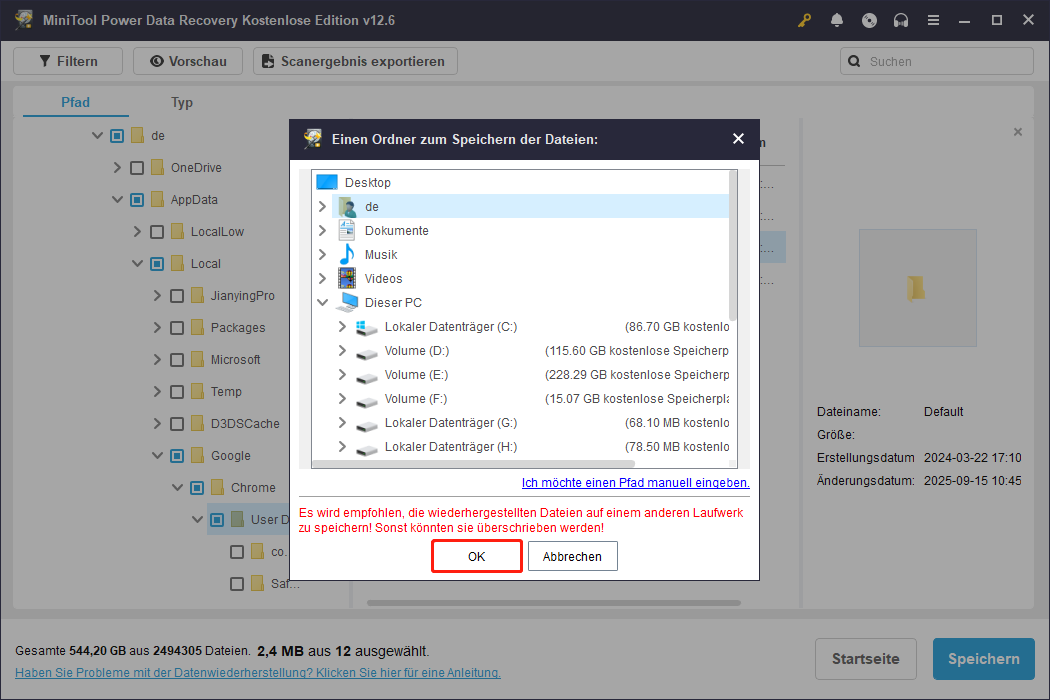 Wählen Sie den Speicherort aus, um die Datei zu speichern.