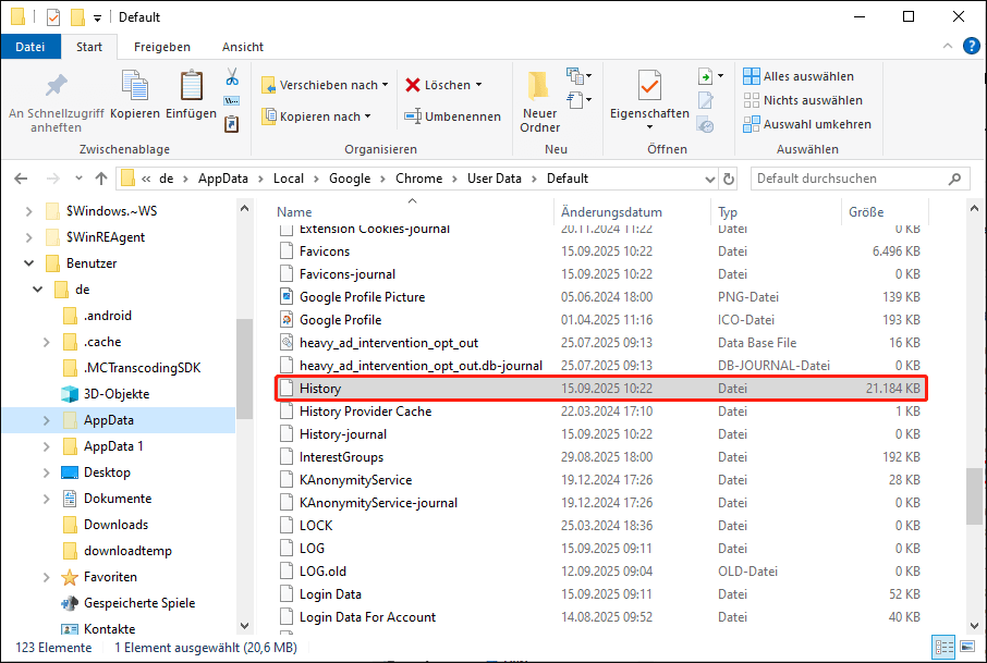 Nach der Wiederherstellung suchen Sie die History-Datei