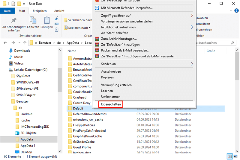 Klicken Sie mit der rechten Maustaste auf den Ordner und wählen Sie die Option Eigenschaften.