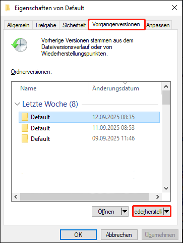Klicken Sie auf die Schaltfläche Wiederherstellen.