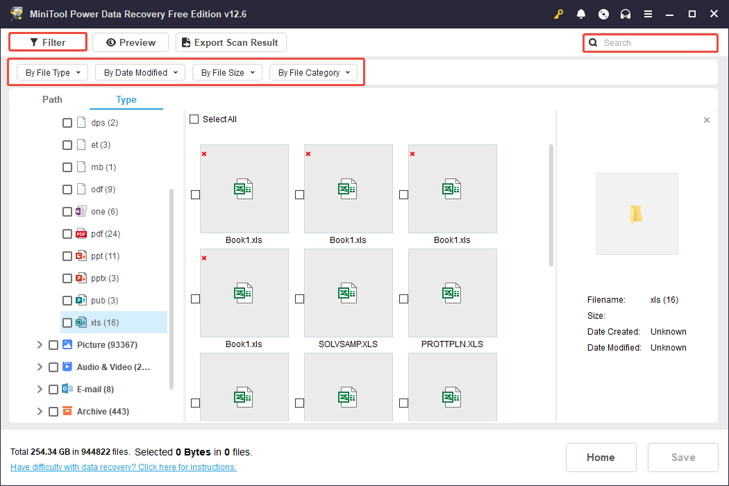 the Filter and Search features in MiniTool Power Data Recovery
