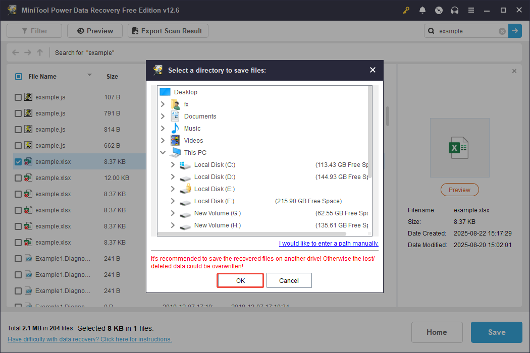select a safe file location and click OK to recover files in MiniTool Power Data Recovery
