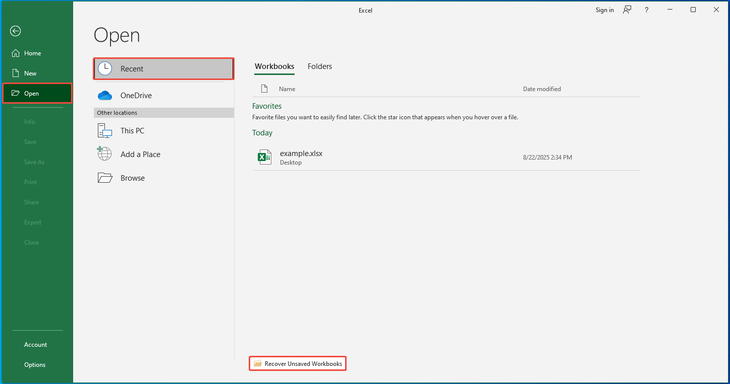 click the Recover Unsaved Workbooks button