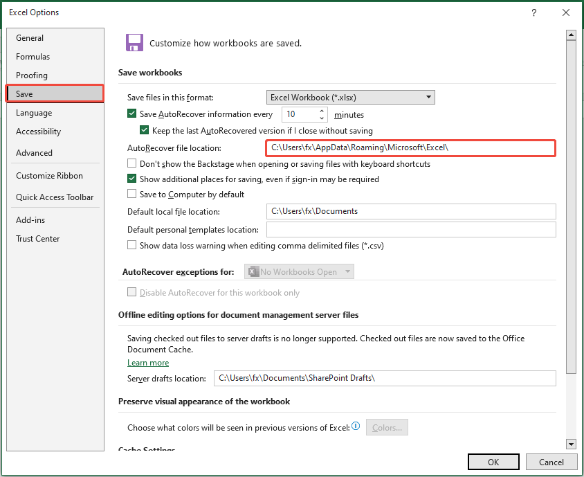 check the AutoRecover file location