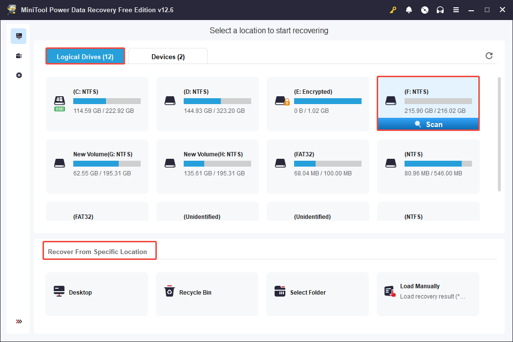 scan the target partition in MiniTool Power Data Recovery
