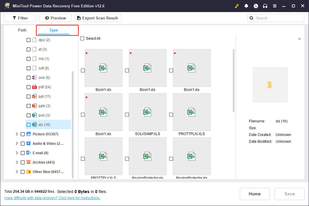find the Excel files in the Type section via MiniTool Power Data Recovery