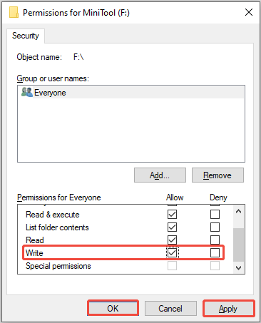 tick the Allow box next to Write and click Apply > OK