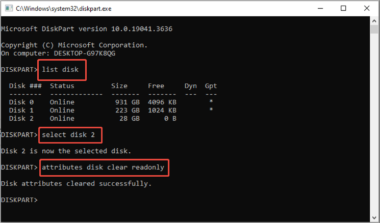 run the commands to remove write protection
