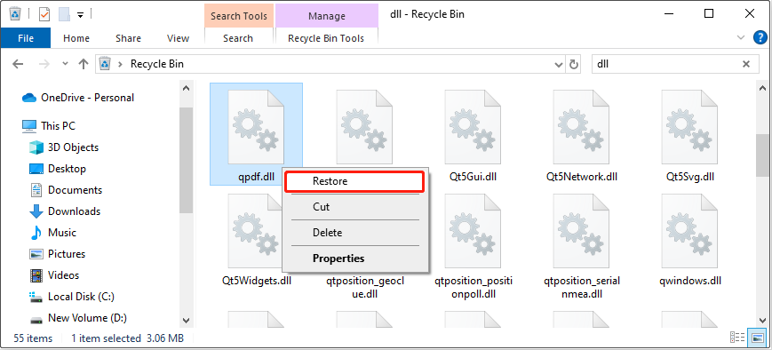 restore missing DLL files from the Recycle Bin