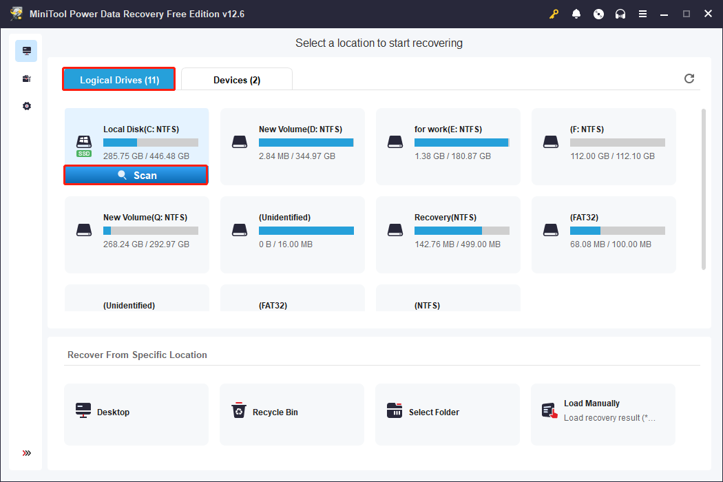 scan the partition using MiniTool Power Data Recovery