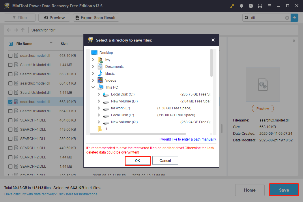 use MiniTool Power Data Recovery to save DLL files to a specified path