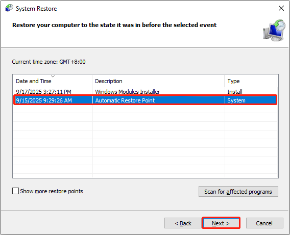 choose a restore point