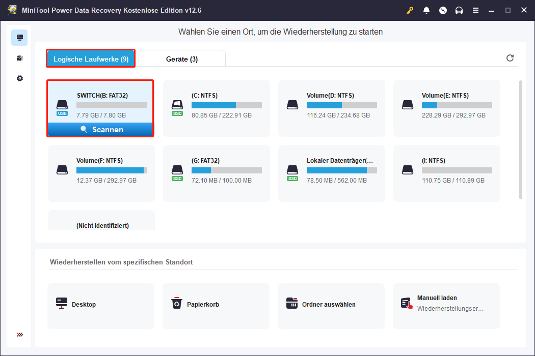 Im Hauptmenü finden Sie Ihre microSD-Karte unter Logische Laufwerke und klicken Sie auf die Schaltfläche Scannen