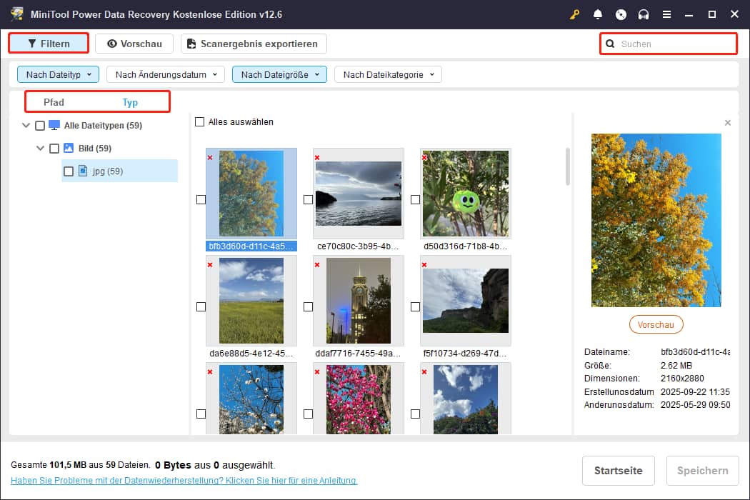 Wenn es viele Dateien gibt, können Sie Filtern oder Suchen verwenden, um Ihre Dateien schneller zu finden.