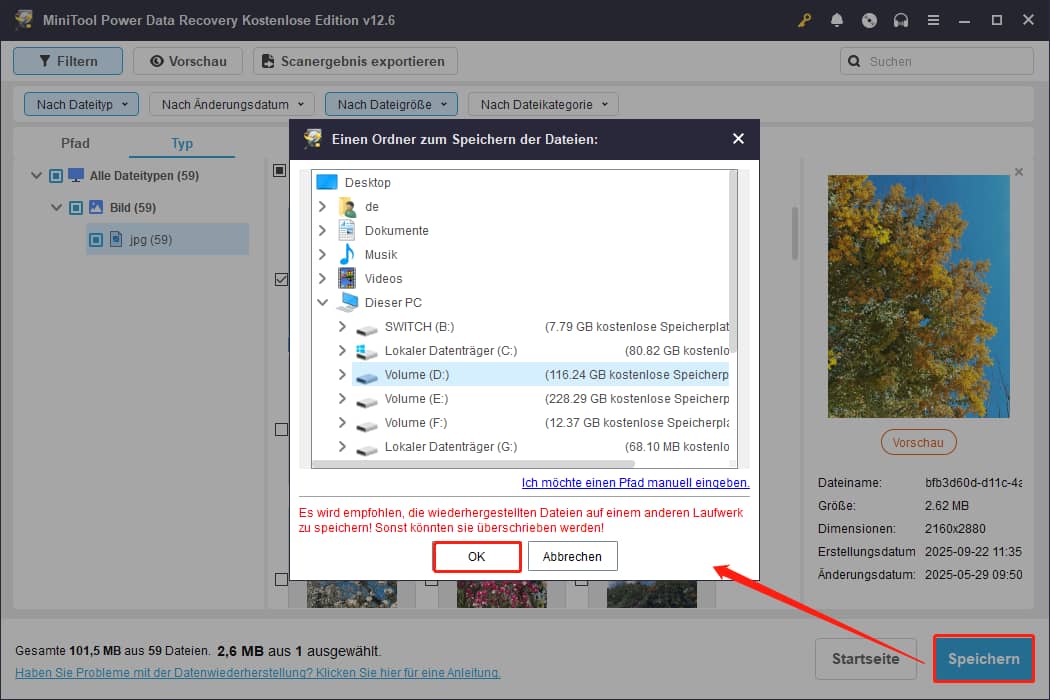 Einen Speicherort auswählen, um die markierten Dateien in MiniTool Power Data Recovery zu speichern