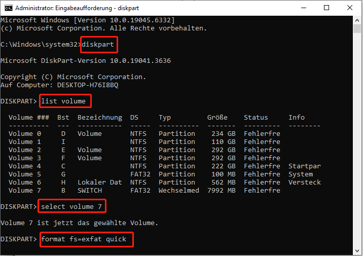 Das Volume in der Eingabeaufforderung zu exFAT formatieren