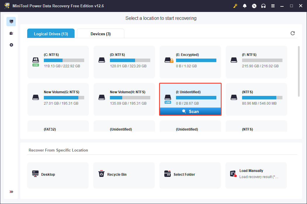 scan the target USB drive in MiniTool Power Data Recovery