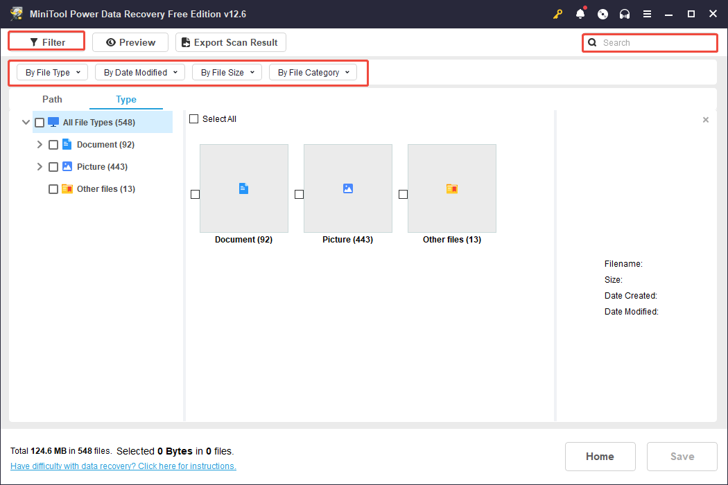 the Filter and Search functions provided by MiniTool Power Data Recovery