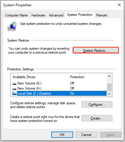 click the System Restore button