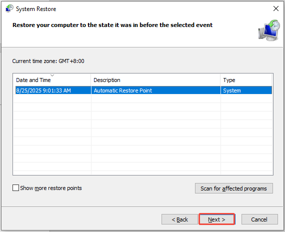 choose a restore point and click Next