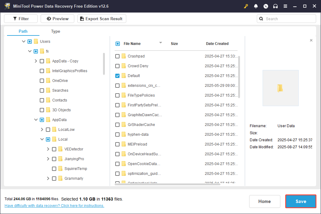 click Save to recover Chrome history via MiniTool Power Data Recovery