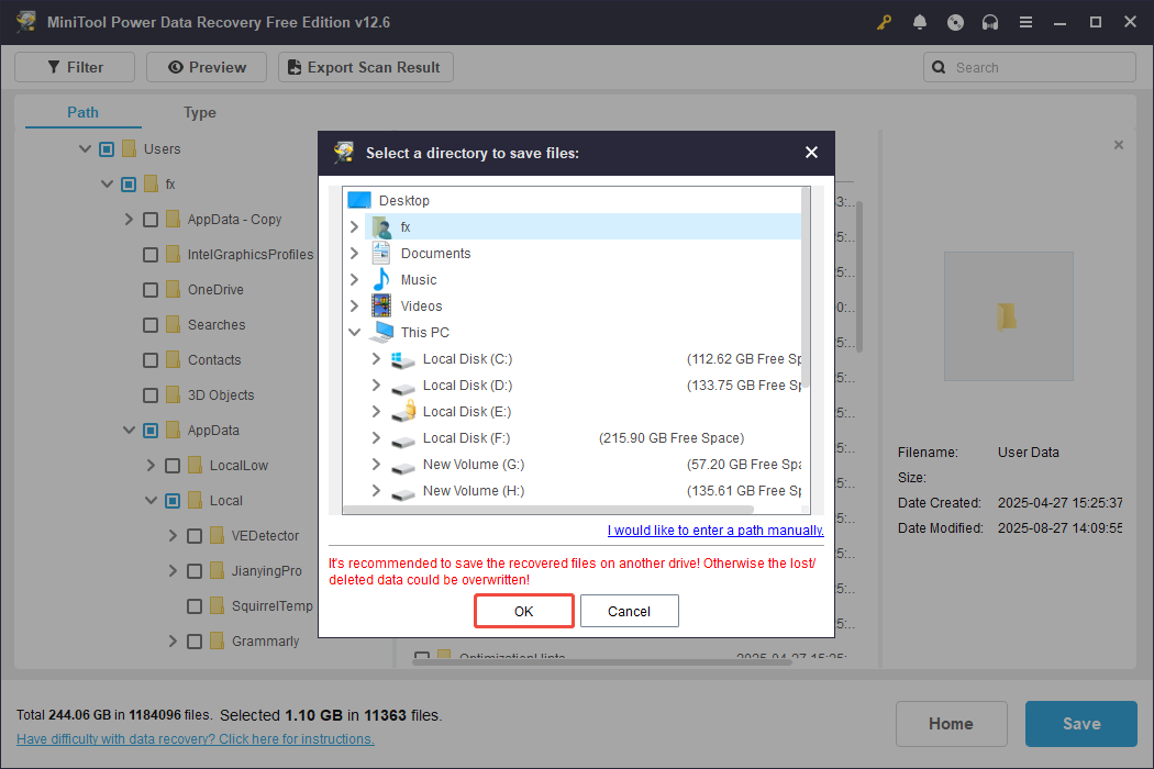 click OK to recover Chrome history in MiniTool Power Data Recovery
