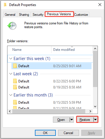 click the Restore button