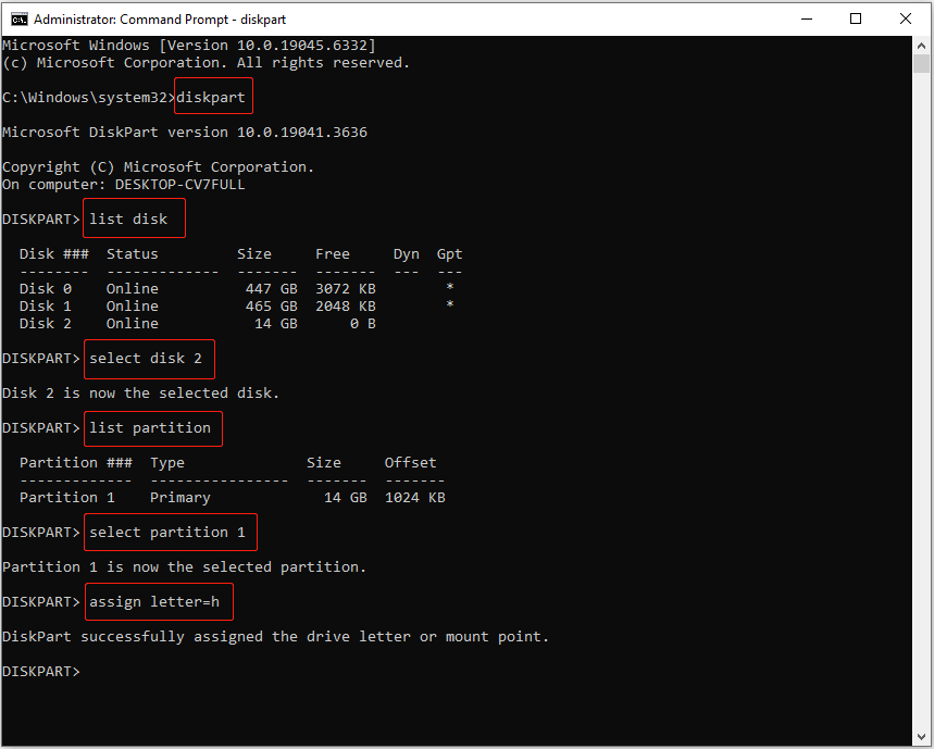 assign the drive letter H to the partition 1 on disk 2 in Command Prompt