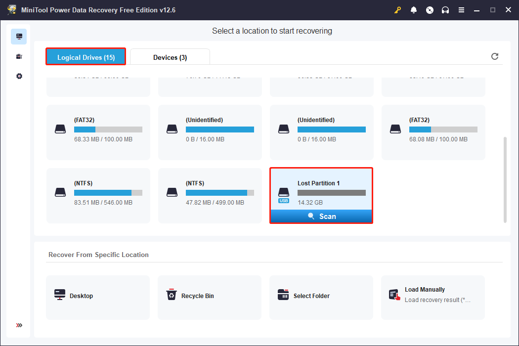select the lost USB partition to scan in MiniTool Power Data Recovery
