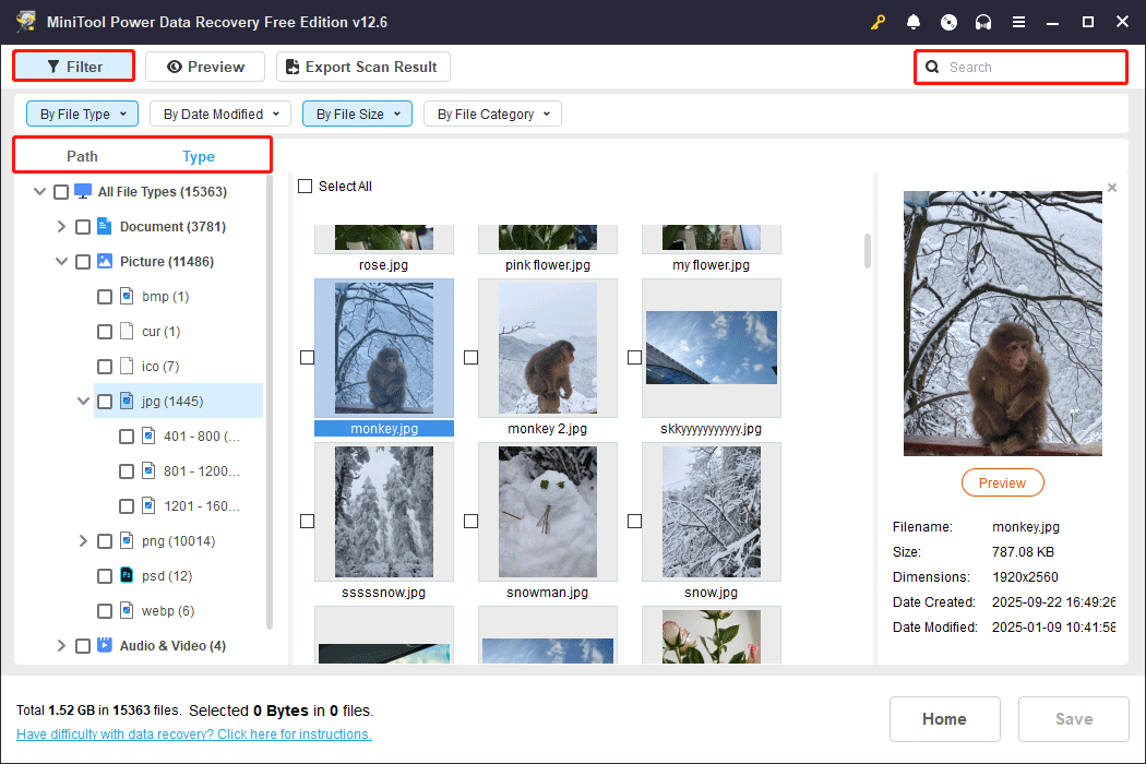 the Path, Type, Filter, and Search features in MiniTool Power Data Recovery