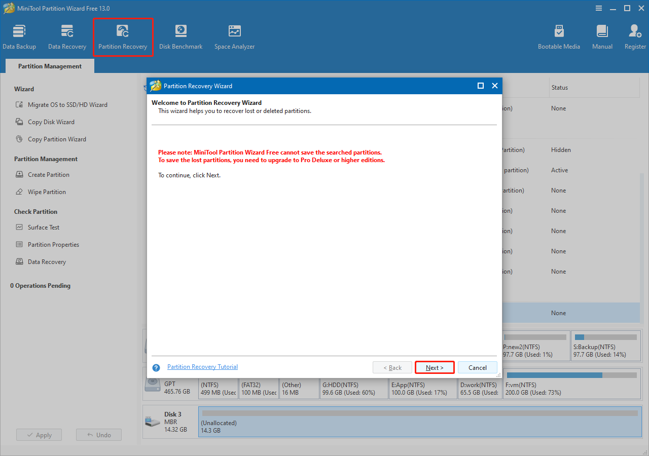 click the option to recover lost partitions in MiniTool Partition Wizard