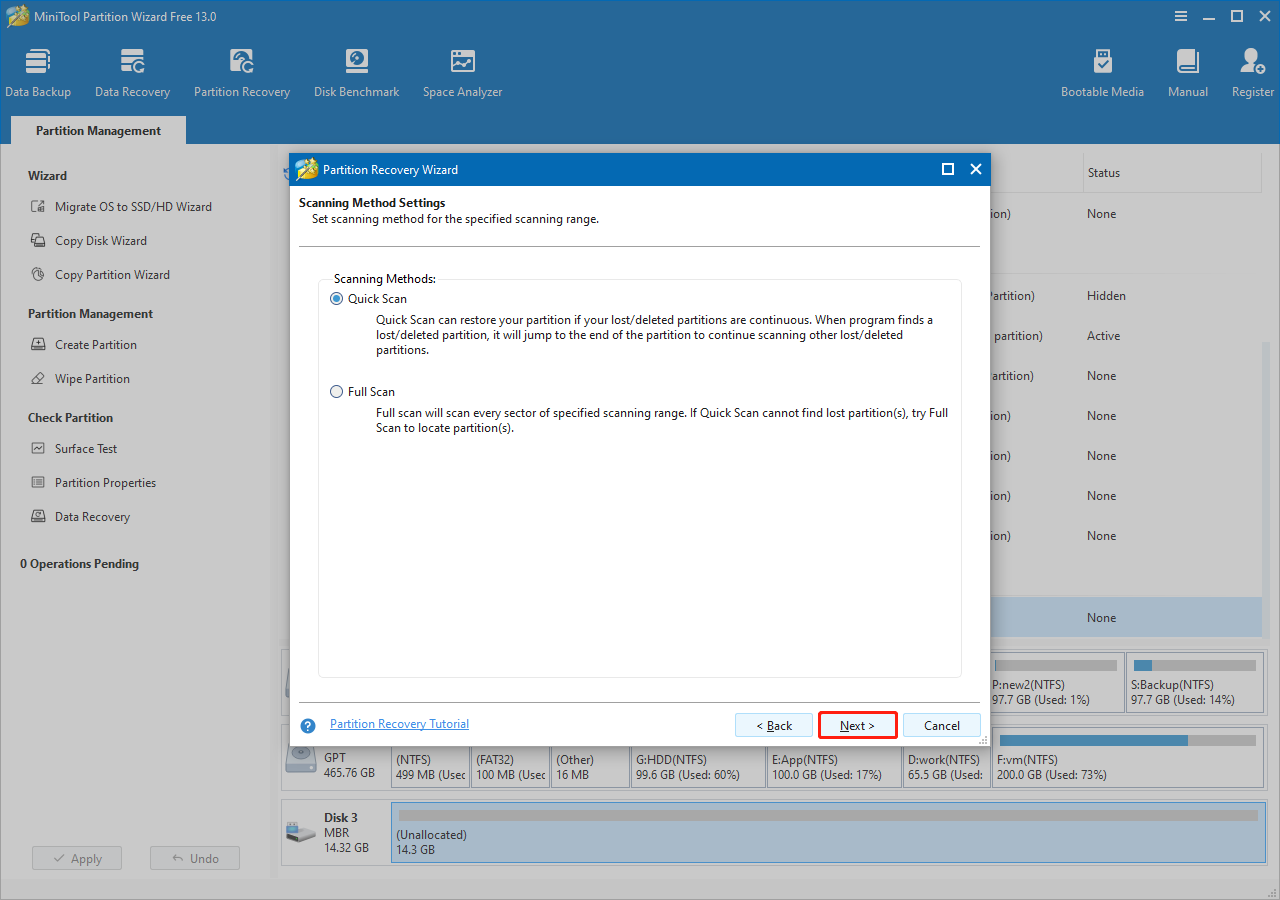 select a scanning method in MiniTool Partition Wizard