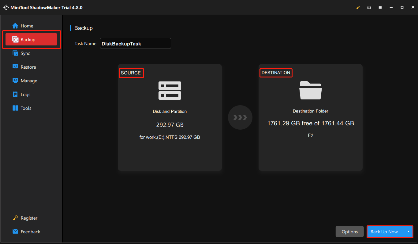 use MiniTool ShadowMaker to back up files