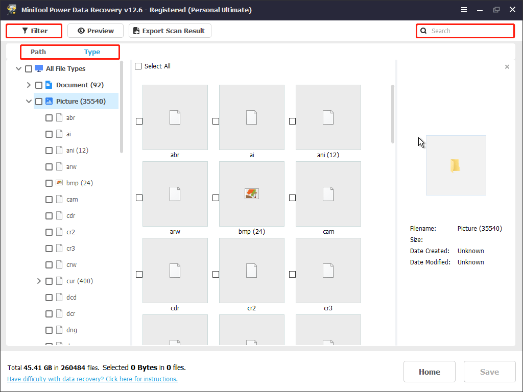 find the target files using Path, Type, Filter, and Search in MiniTool Power Data Recovery