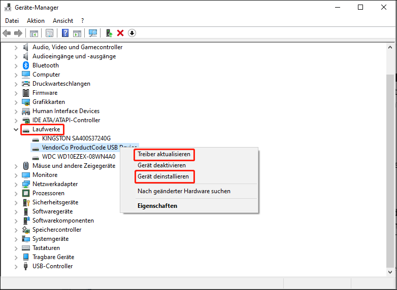Klicken Sie mit der rechten Maustaste auf Ihr USB-Laufwerk und wählen Sie Gerät deinstallieren