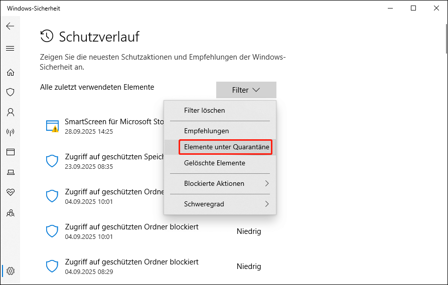 Klicken Sie auf Filtern, um das Dropdown-Menü zu erweitern, dann müssen Sie Elemente unter Quarantäne auswählen, um die Dateiliste zu durchsuchen.