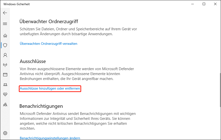 Scrollen Sie nach unten, um den Abschnitt Ausschlüsse zu finden, und klicken Sie auf Ausschlüsse hinzufügen oder entfernen, um weitere Vorgänge auszuführen.