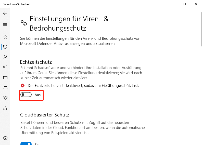 Schalten Sie die Option Echtzeitschutz aus.