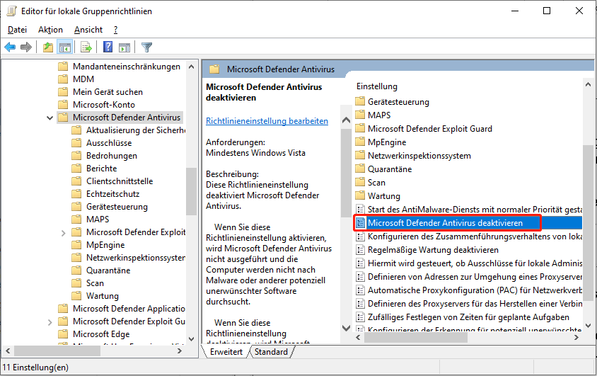 Doppelklicken Sie auf die Richtlinie Microsoft Defender Antivirus und finden Sie die Option Microsoft Defender Antivirus deaktivieren.
