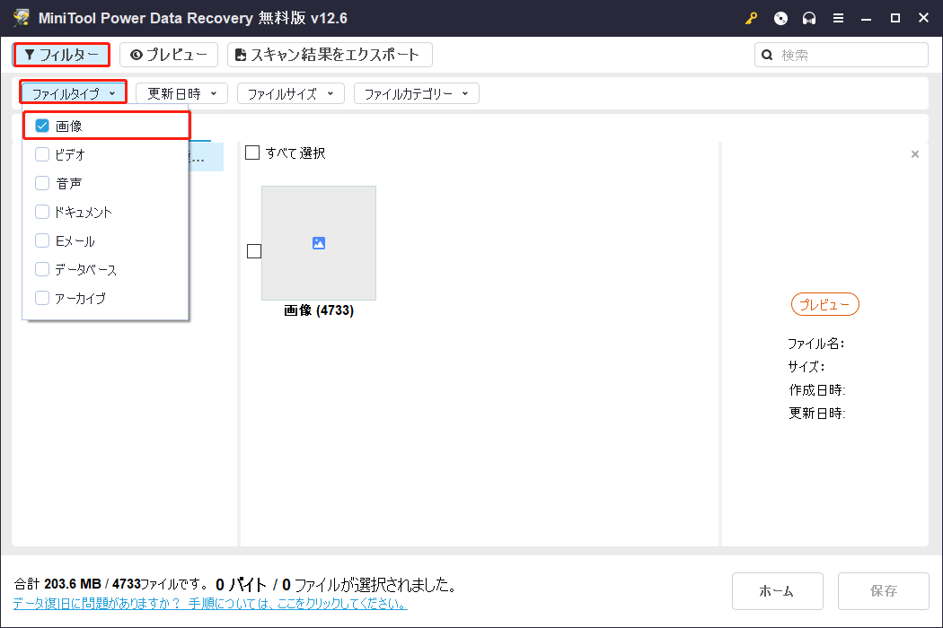 「フィルター」ボタンをクリックして、1つ以上の分類基準を選択し、ファイルをフィルター