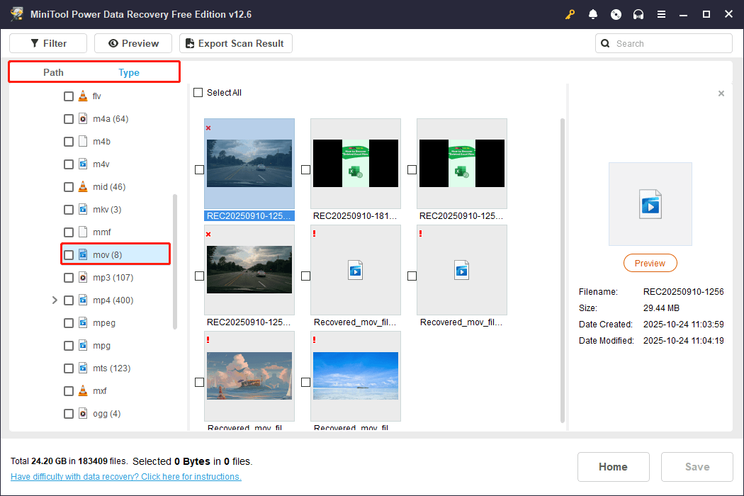 MOV videos being displayed under Type in MiniTool Power Data Recovery