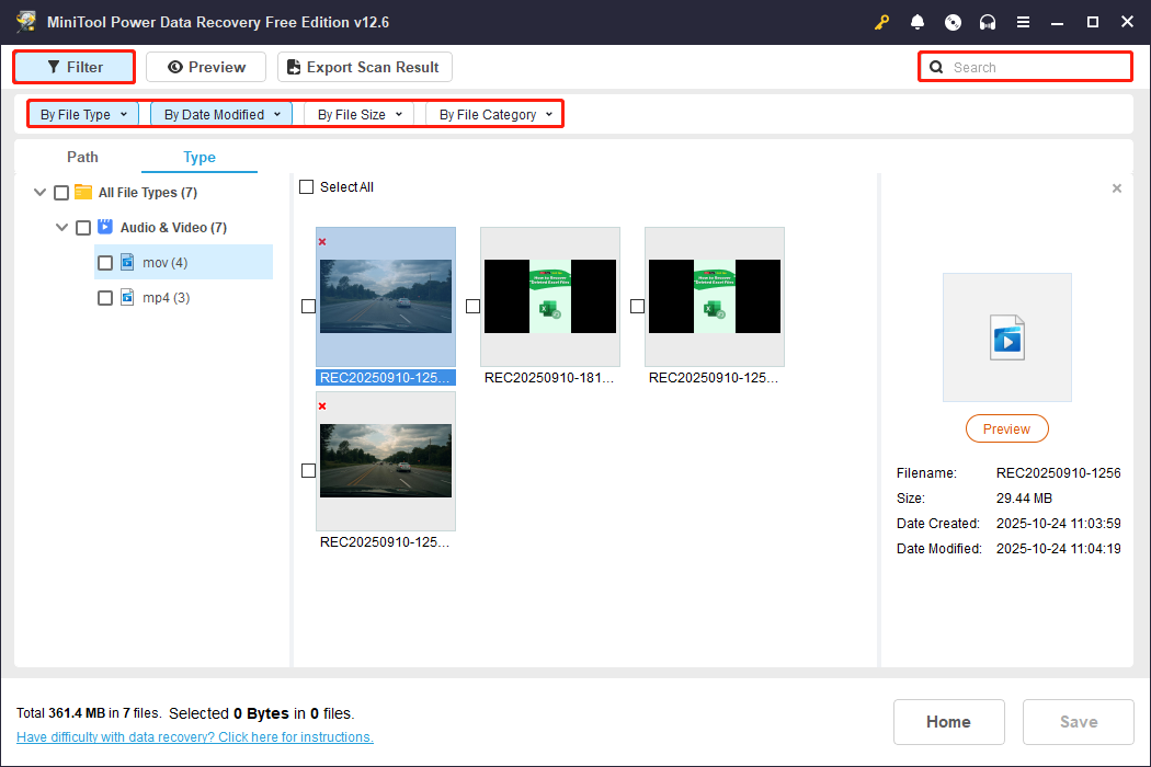 videos filtered by file type and date modified using Filter in MiniTool Power Data Recovery