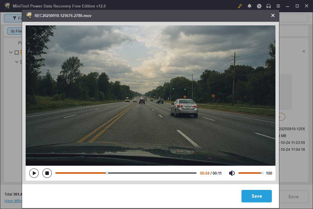 a dash cam video recording being previewed in MiniTool Power Data Recovery
