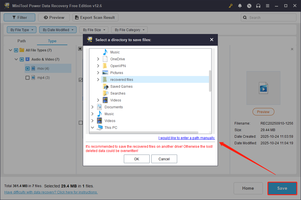 the Save option is highlighted in MiniTool Power Data Recovery