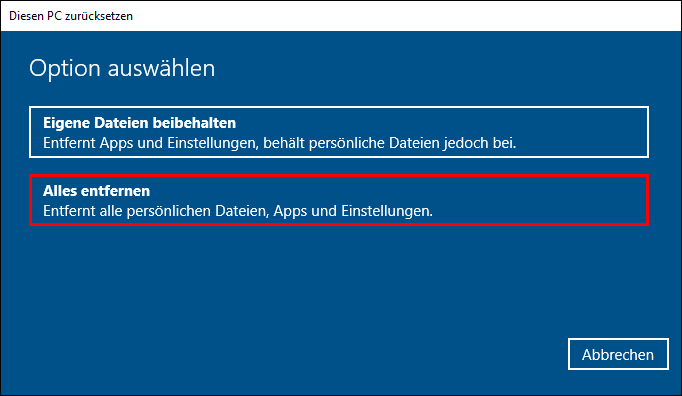 Wählen Sie die Option „Alles entfernen“ aus.