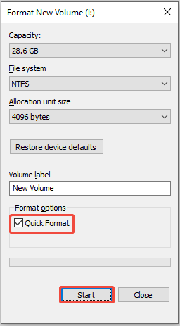 the format interface in the File Explorer