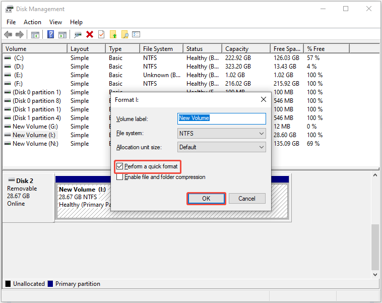 the Format interface in the Disk Management