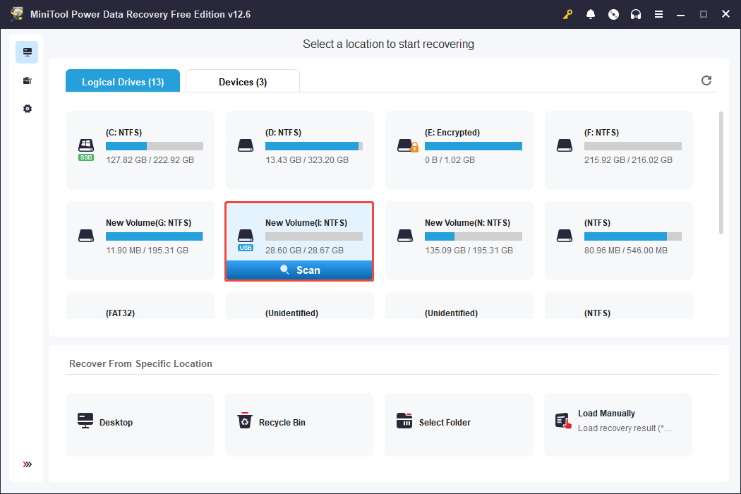 the Logical Drives interface of MiniTool Power Data Recovery to scan the target drive