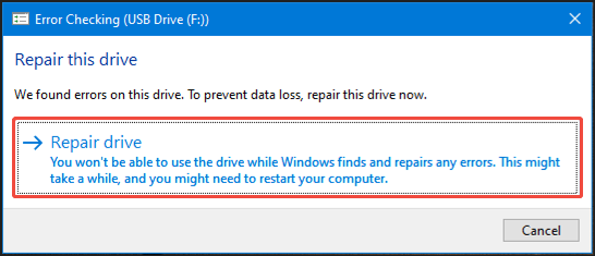 the Repair this drive interface
