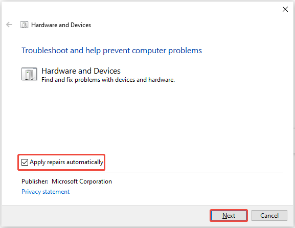 the Hardware and Devices troubleshooter interface